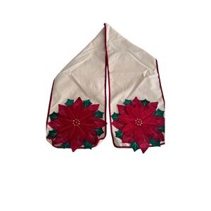 Christmas Poinsettia Table Runner Burgundy Red Green Beige Woven 13" x 72"
